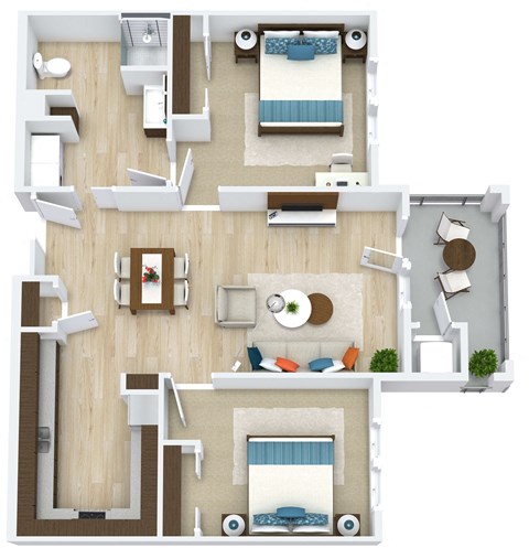 3D floor plan for 2 Bedroom, 1 Bathroom Apartment as Aspen Ridge